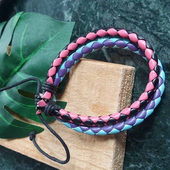 B264 Unisex Rasta Stacking Braided Leather Adjustable Bracelet - Picture 6 of 12